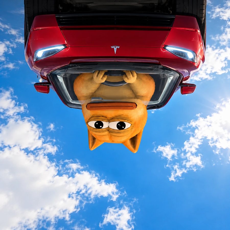 The Roadster upside down in the sky with Dope hanging out, still holding the wheel
